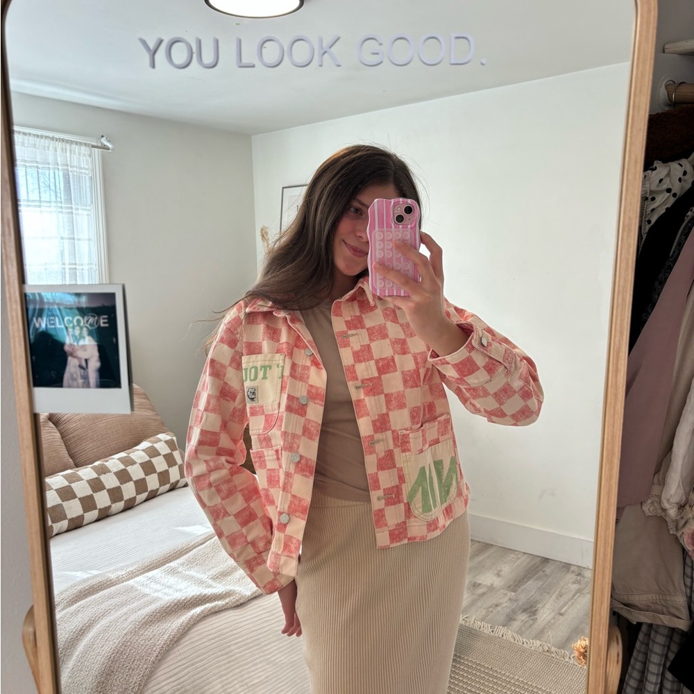 BDG Urban Outfitters Pink and White Checkered Jean Jacket